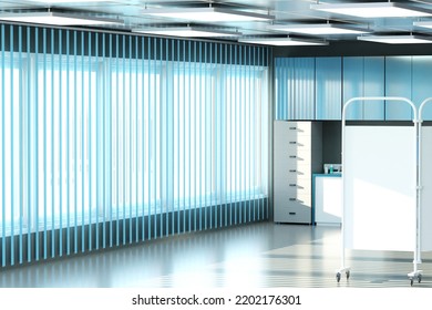 Private Clinic. Interior Of Clinic Without People. Doctors Office With Large Window. Clinic Building View From Inside. Partition On Wheels In Doctors Office. Modern Hospital Interior. 3d Rendering.