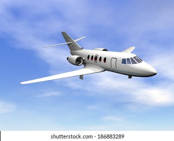 Private Jet Plane Flying In Cloudy Blue Sky