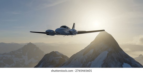 Private twin-engine airplane soars over snowy mountain peaks at sunrise, conveying adventure and serenity; 3d rendering