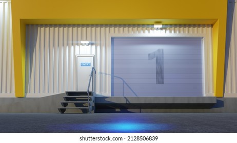 A private warehouse building rolling gate. 3D illustration
