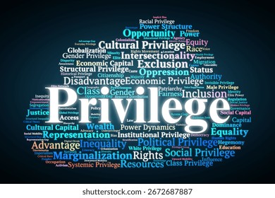 Privilege Word Cloud. Composition Of Terms Related To Inequality, Power, Status, Rights, Opportunity, Exclusion, And Social Structures In Academic And Policy Discussions.