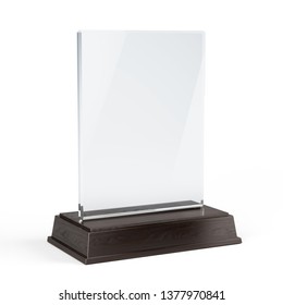 Prize Award With Blank Glass Or Acrilic Nameplate Isolated On White Background. 3d Rendering