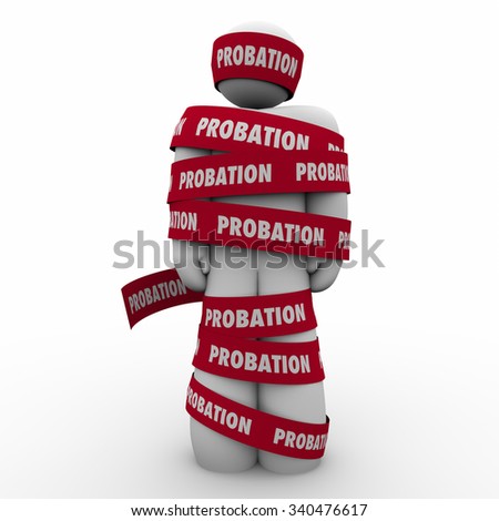 Probation word on red tape wrapped around a man to illustrate restricted or limited movement, freedom or access Imagine de stoc © 