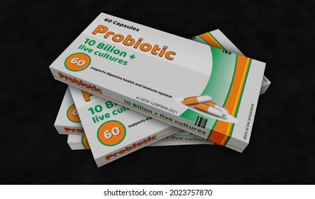 Probiotic Pack Production. Medical Antibiotic Therapy Drug Box Factory. Abstract Concept 3d Rendering Illustration. Live Bacteria Cultures For Healthy Microbiome Flora And Gut Microbiota.