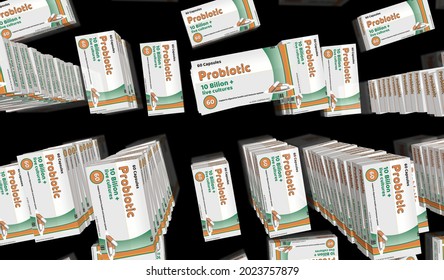 Probiotic Pack Production. Medical Antibiotic Therapy Drug Box Factory. Abstract Concept 3d Rendering Illustration. Live Bacteria Cultures For Healthy Microbiome Flora And Gut Microbiota.