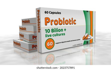 Probiotic Pack Production. Medical Antibiotic Therapy Drug Box Factory. Abstract Concept 3d Rendering Illustration. Live Bacteria Cultures For Healthy Microbiome Flora And Gut Microbiota.