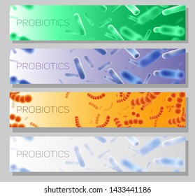 Probiotics Horizontal Web Banner Template Set With Good Or Friendly Bacteria And Microorganisms For Humans. Probiotic Strains Of Bacteria For Improving And Restoring The Gut Flora.