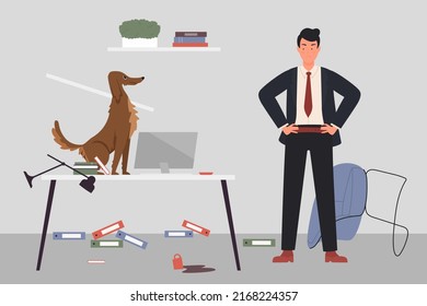 Problem Bad Dog Pet Behavior Illustration. Cartoon Playful Dog Playing, Sitting On Table, Broken Furniture And Mess In Room Apartment Interior, Angry Dog Owner Scolding Doggy Puppy Background