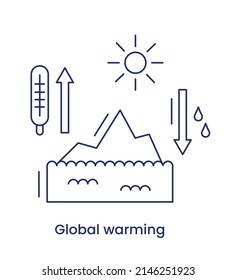 Problem Global Warming Line Icon. Global Temperature Rise, Melting Ice, Sea Level Rise, Climate Change. Illustration With The Caption, Isolated On A White Background.