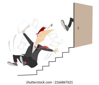 Problems With Business Communication Concept. 
Man Is Given A Kick To The Buttocks The Leg Outside The Open Door And Falls Down The Stairs
