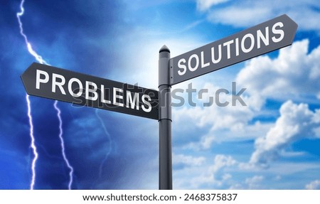 Problems and solutions. Road sign in different directions. Place to choose path. Road to problems. Direction to solutions. Important choice. Crossroads between problems and solutions. 3d image