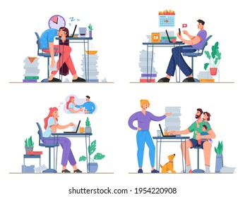 Problems while working from home. Freelancers distracted by family, social media. Stressed and exhausted people thinking of team buildings or sleeping. Cartoon character, in flat style