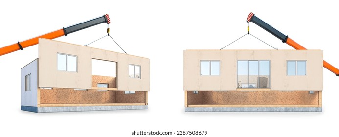 Process of building a modular house from sip panels on a white background. 3d illustration - Powered by Shutterstock