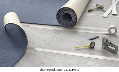 Process of carpeting on adhesive tape, 3d illustration