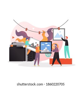 Process of developing and drying photos made with the aid of old technologies using film camera, illustration. Film photo printing services concept for web banner, website page etc.