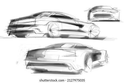 Process of a digital sketch of a modern automotive concept car