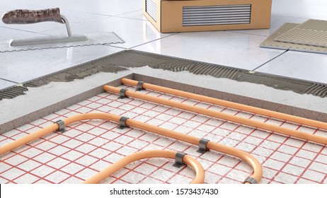 Process Of Laying Tiles On Floor With Underfloor Heating, 3d Illustration