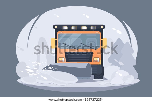 Process of snow removal from\
road by a snow thrower. Winter highway service. Flat\
illustration