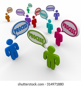 Process word in speech bubbles above people, team members, employees or workers following an established and official set of instructions in a procedure or system