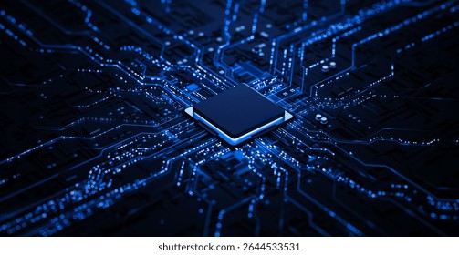 Processor chip on circuit board with copy space for design. 3D Illustration