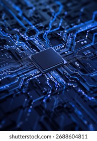 Processor chip on circuit board with copy space for design. 3D Illustration