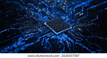 Processor chip on circuit board with copy space for design. 3D Illustration