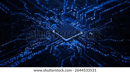 Processor chip on circuit board with copy space for design. 3D Illustration