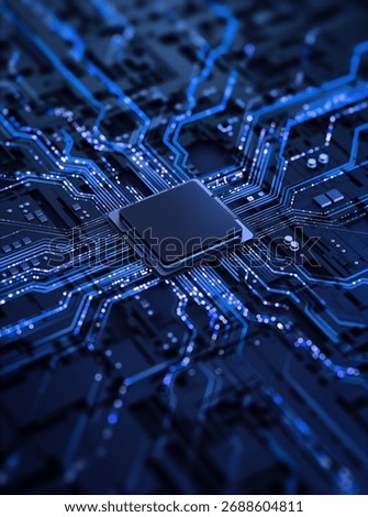 Processor chip on circuit board with copy space for design. 3D Illustration