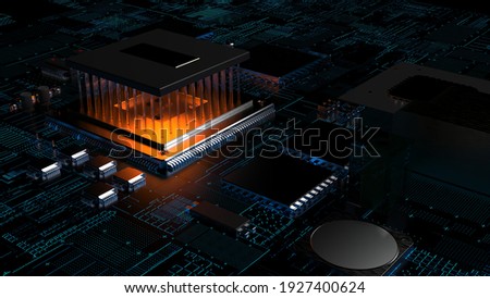 processor chip on a printed circuit board in red backlight. 3d illustration on the topic of technology and the power of artificial intelligence.