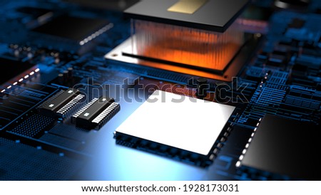 processor chip on a printed circuit board in red backlight. 3d illustration on the topic of technology and the power of artificial intelligence.