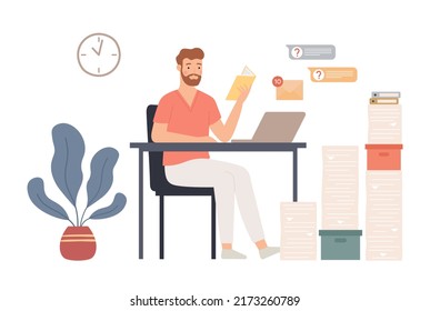 Procrastination concept. Male employee sitting at workplace and reading book. Unproductive worker postpone paperwork and tasks. Unprofitable time spending and useless pastime 
