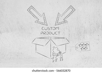 Product Customization Concept: Men With Missing Piece Of Puzzle Completing A Personalized Item Box