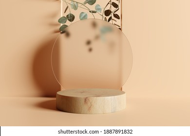 Product display podium with eucalyptus leaves on brown background. 3D rendering