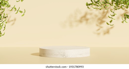 Product Display Podium With Nature Leaves On Brown Background. 3D Rendering