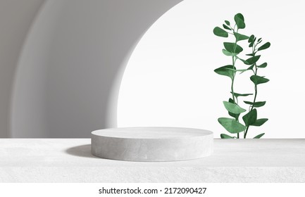 Product Display Podium With Nature Leaves On White Background. 3D Rendering