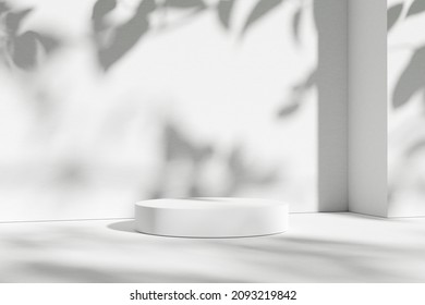 Product Display Podium With Shadow Nature Leaves On White Background. 3D Render