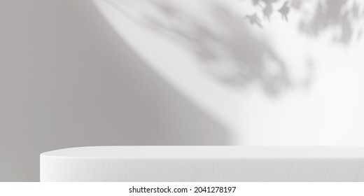 Product Display Podium Stand With Shadow Nature Leaves On White Background. 3D Rendering