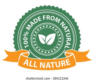 Product Information Material, Green All Nature 100 Percent Made From Natural Sticker, Stamp, Icon, Tag, Badge Or Label Isolated On White Background 