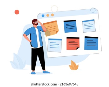 Product management and development, work with prioritization, tasks, and features on the dashboard. The cute elegant cartoon manager is standing near the dashboard on the laptop screen. Data analytics - Powered by Shutterstock