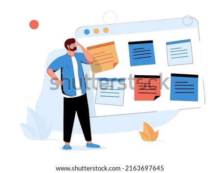 Product management and development, work with prioritization, tasks, and features on the dashboard. The cute elegant cartoon manager is standing near the dashboard on the laptop screen. Data analytics