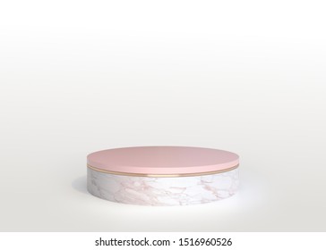 Product Pedestal, Stand, Showcase, Pink Marble and Gold Texture, Cylinder Shape, Luxury Concept, 3D Rendering