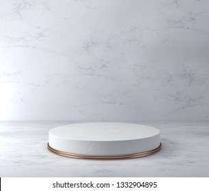 Product Pedestal, White Marble And Gold, Cylinder Shape. 3D Rendering
