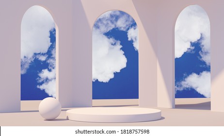 Product Setting Podium White Abstract Minimalistic Geometry With Arches, Minimal Light Interior, Object Placement, Abstract Room And Sky Windows, 3d Rendering,