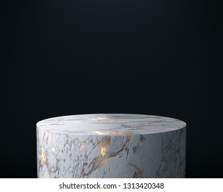 Product Stand, Marble And Gold Texture, Close Up. 3D Rendering