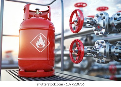 Production, delivery and filling with natural gas of lpg gas bottle or tank. 3d illustration