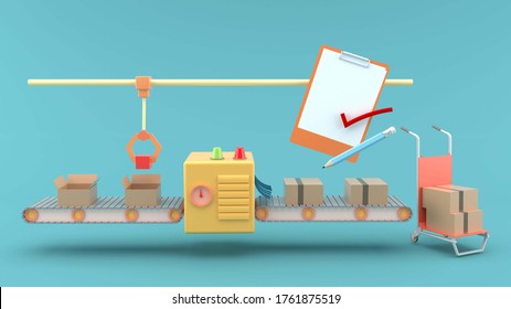 A production line and a mechanical arm surrounded by a note pad and a cart on the blue background.-3d rendering.
 - Powered by Shutterstock