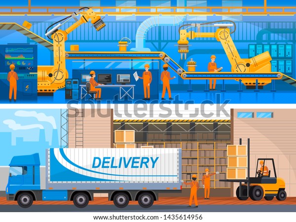 Production line on modern factory colorful card\
raster illustration with workers in special equipment and mechanic\
robots delivery truck\
loading