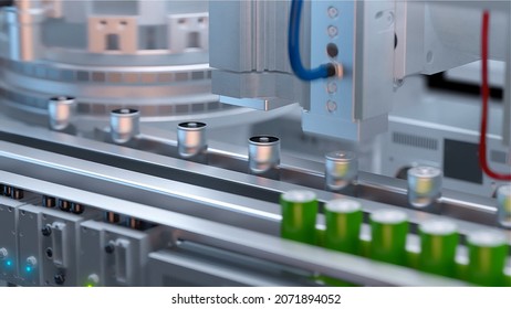 Production Of Lithium Ion Batteries. Battery Factory. 3D Illustration. 3D Rendering.