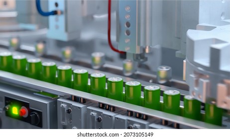 Production Of Lithium Ion Batteries. Battery Factory. 3D Illustration. 3D Rendering.