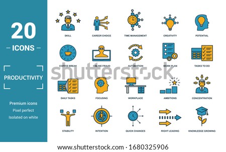Productivity icon set. Include creative elements skill, time management, coffee break, work plan, daily tasks icons. Can be used for report, presentation, diagram, web design.